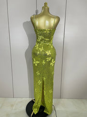 Liora butterfly crystal sexy halter green bodycon long dress with crystal details and slim-fit design.