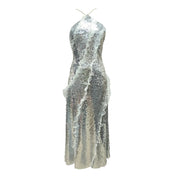 Zaria silver sequin strappy backless gown with ruffle mesh details – elegant party dress.