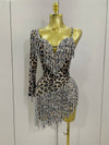 Turn heads in the Daniela leopard print rhinestone tassel mini dress. One-shoulder stretch party dress for birthdays, clubs, and special events.