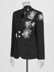 Solid Spliced Beading Slimming Blazer for Women Notched Collar Long Sleeve Jacket