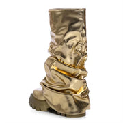 Women's Mid Calf Boots Thick Bottom Round Toe Runway Style Pleated Boots Women Platform Boots Gold Silver Large Size Shoes 2024