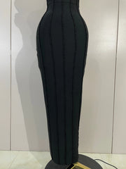 Look elegant in the Bianca black beaded scalloped halter bandage maxi dress. Perfect for weddings, cocktail parties, galas, and evening events.