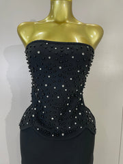 Hazel black strapless two-piece dress set with pearl beaded top and long bodycon bandage skirt