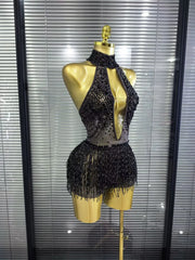 Denise sexy mesh see-through sequin tassel bodycon bodysuit for nightclub and birthday party styling