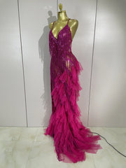 Gabrielle rhinestone fringe backless sheer maxi dress with sparkling crystals and elegant see-through design.