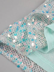 Zahara strapless blue mermaid prom dress with sweetheart neckline, sequins, feathers, and beaded diamonds.