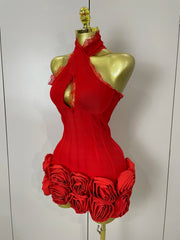 Cleo halter red floral lace bodycon mini dress for women’s birthdays, nightclub parties, or evening fashion events.