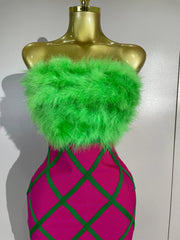 Envious Designs Reese sexy green feather strapless color block plaid bodycon midi bandage dress for birthday and cocktail party styling