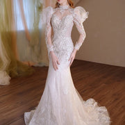 Elegant O-Neck Full Sleeve Sequin Wedding Dress