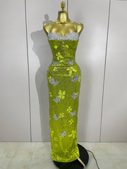 Liora butterfly crystal sexy halter green bodycon long dress with crystal details and slim-fit design.