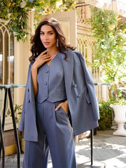 3pc Suit Buttoned Vest With Wide Leg Pants