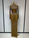 Colette sparkly brown rhinestone mesh transparent long dress for evening parties and nightclub dancers.