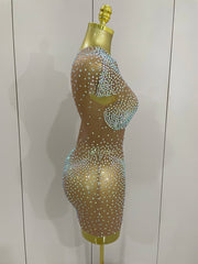 Sasha one shoulder rhinestone mesh sheer mini dress for women. Sexy party outfit for birthdays, nightlife, and stage wear.