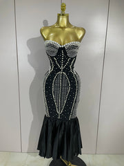 Shane strapless diamond and pearl bodycon mermaid dress for prom, evening parties, or red carpet events.