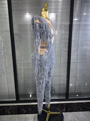 Aleah long sleeve high-stretch fringe bodycon jumpsuit with a figure-hugging silhouette and statement fringe detailing