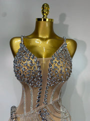 Simone sparkly rhinestones fringe mesh mini dress, women’s see-through birthday party and nightclub evening outfit.