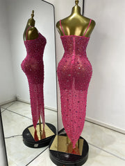 sparkly rhinestone mesh asymmetric long dress for evening gala and cocktail party styling