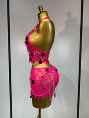 Stacey sequin chain two piece mini dress set for women. Sexy sparkly outfit for birthdays, nightlife, and stage wear.