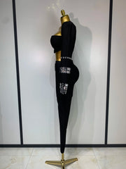 Jill Sexy Long Sleeve Beaded Black Bodycon Bandage Three-Piece Set