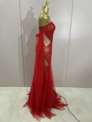 Makayla sparkly rhinestone pearl strapless mesh dress with rhinestone and pearl details for women.