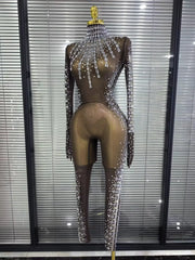Tamika crystal mesh long sleeve see-through bodycon jumpsuit for nightclub and stage performance