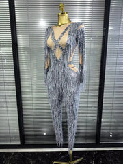 Aleah long sleeve high-stretch fringe bodycon jumpsuit with a figure-hugging silhouette and statement fringe detailing