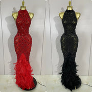 Keziah luxury red rhinestone feather mesh long dress for women, perfect for birthdays, nightclubs, or stage events.