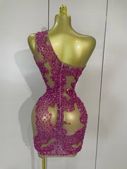 Kelly sexy one shoulder sparkly rhinestone mesh see through mini dress
