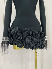 Nicole shiny diamond feather long-sleeve bodycon dress with sparkling crystals and elegant feather cuffs.