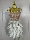 V neck mini bodycon dress with pearl beading and feather detailing