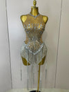 Desiree silver sequin diamond mesh tassel bodysuit sheer sexy outfit for stage performance and birthday party wear