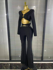 Brittani gold beaded long sleeve two-piece bodycon bandage set 