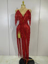 Haelena sexy mesh see-through long dress with sparkly red diamond tassel detailing for evening party styling