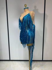 Christy blue mesh mini dress with sapphire rhinestones and cascading tassels for a sparkly evening look.