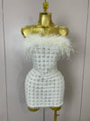  Carmina white feather sequin strapless bodycon mini dress. Perfect for birthdays, bridal parties, cocktails, and special events.