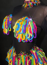 Color sheer mesh mini dress with bright rhinestones for stage or clubwear.