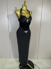 Joyce rhinestone pearl halter bandage maxi dress with backless bodycon silhouette
