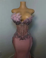 Pink long sparkly beaded crystal 3D flower prom dress for women