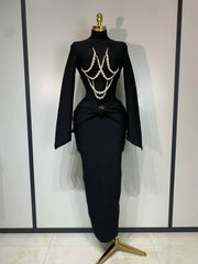 Gina black and red long sleeve bodycon bandage dress featuring elegant pearl beading