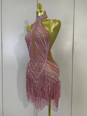 Louise luxury sparkly rhinestone tassel backless mesh mini dress for nightclub and birthday party styling