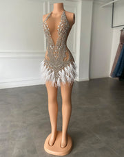 Gorgeous Halter Sleeveless Luxury Beaded Silver Crystals White Feather Cocktail Dresses Birthday Party Gowns