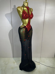 Rebecca red rhinestone mirror bikini maxi dress featuring sparkling embellishments and a bold statement design