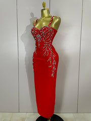Tahlia sexy backless red beading long bodycon bandage dress with bead embellishments and slim-fit silhouette.