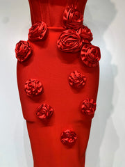 Kiara strapless backless red flower midi bandage dress – sexy elegant prom dress for women.