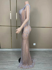 Sexy mesh see-through prom gown with a high split and shimmering silver fringe. Tia Valentine party dress.