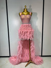 Kaylene rhinestone mesh maxi dress with backless design. Sexy sheer luxury outfit for birthdays, parties, stage events, and evening glam looks.