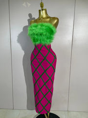 Envious Designs Reese sexy green feather strapless color block plaid bodycon midi bandage dress for birthday and cocktail party styling