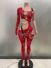 Patrice sexy pearl chain one shoulder hollow out jumpsuit women birthday party nightclub singer performance stage costume.