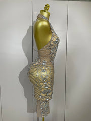 sparkly crystal diamond see-through stretch mesh dress, perfect for nightclub, stage performance, evening, and birthday parties.