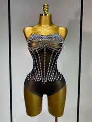 Kyndall strapless rhinestone bodysuit with skirt three-piece set for women’s evening parties, birthdays, and stage performances.